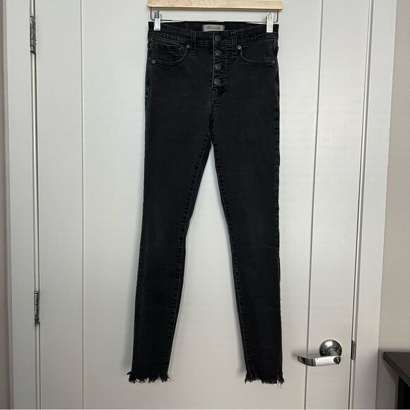 Madewell Jeans Women Sz 27T Black Charcoal 9" High Rise Skinny Button Font Denim - Picture 1 of 16